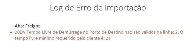 20DV Tempo Livre de Demurrage no Porto de Destino não são válidos na linha: 2. O tempo livre mínimo requerido pelo cliente é: 21